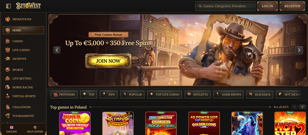 BetWest, online casino, homepage, wild west, cowboy, bonus offer, slot games, website, interface, gambling