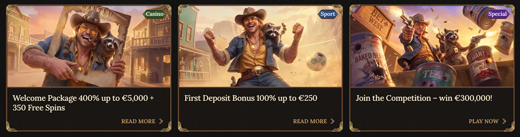 BetWest, promotions, welcome package, deposit, bonus, casino, sport, special, competition, banner, cowboy, raccoon
