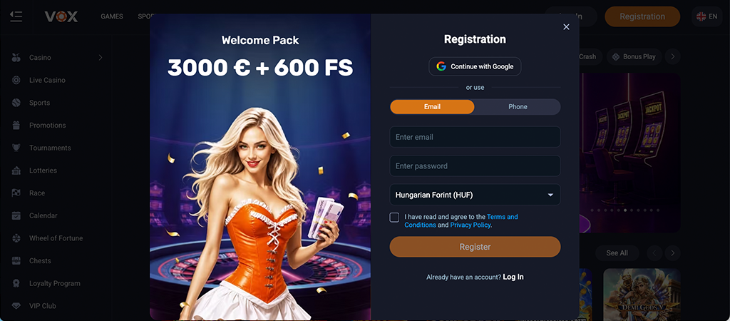 registration, welcome pack, online casino